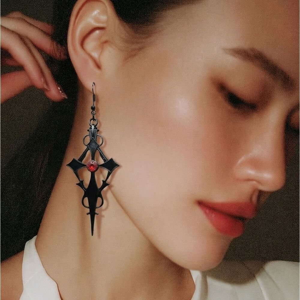 Black Cross Earrings Red Rhinestone Gothic Jewelry Dark Feminine Baddie Alt NWT